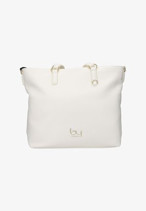 White leather tote bag with two short handles, gold hardware, and small gold "byblos" logo on front center.