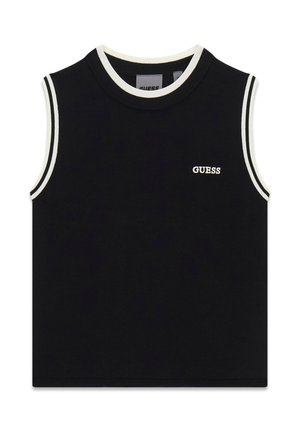Schwarzes ärmelloses Strickoberteil mit weißem Besatz am Ausschnitt und an den Armausschnitten, mit kleinem weißem "GUESS"-Logo auf der Brust.