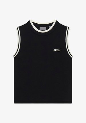 Zwart mouwloos gebreid topje met witte bies langs de halslijn en armsgaten, met een klein wit "GUESS" logo op de borst.