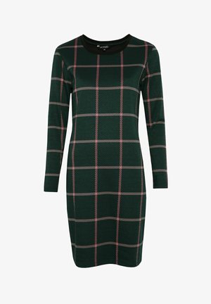 Sukienka z długim rękawem wykonana z ciemnozielonej tkaniny o fakturowanej powierzchni, z różowo-białym kratkowanym wzorem i czarnym okrągłym dekoltem.