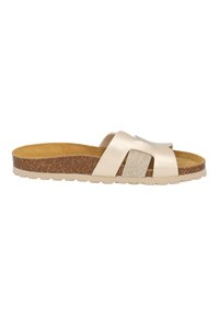 Sandal in un beige chiaro con una cinturino texturizzato glitterato, plantare in sughero e suola in gomma con dettagli antiscivolo.