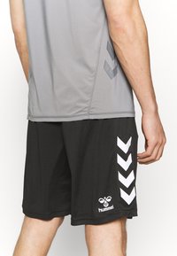 Grå treningstrøye med svarte shorts. Shortsene har et hvitt chevron-mønster på siden og en logo nær sømmen. Glatt stofftekstur.