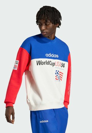 Young man wearing a blue, white, and red Adidas World Cup USA 94 sweatshirt and royal blue Adidas pants, looking down and to the side.