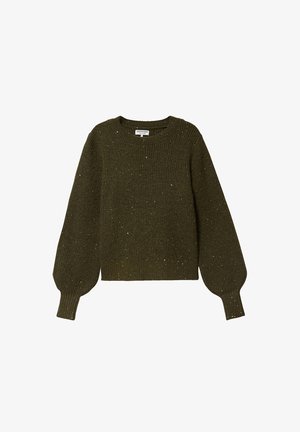 Maglione verde oliva con texture a coste, scollatura tonda e maniche lunghe leggermente a sbuffo, decorato con sottili accenti di glitter.