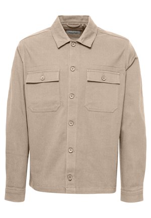 Beige button-up shirt made of sturdy fabric. Features two chest pockets, long sleeves, and a classic collar design.