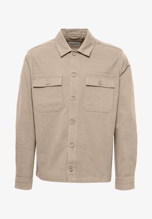 Beige Hemd mit Knöpfen, gefertigt aus robustem Stoff. Verfügt über zwei Brusttaschen, lange Ärmel und ein klassisches Kragen-Design.