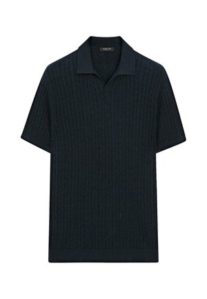 Polo bleu marine à manches courtes en tissu tricoté texturé avec des côtes verticales et un col plat.