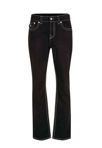 Vaqueros negros con un diseño de pierna recta, costuras blancas contrastantes, bolsillos frontales y un estilo clásico de cinco bolsillos. La tela parece duradera.