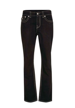 Schwarze Jeans mit geradem Bein, kontrastierenden weißen Nähten, Fronttaschen und klassischem Fünf-Taschen-Stil. Der Stoff wirkt langlebig.