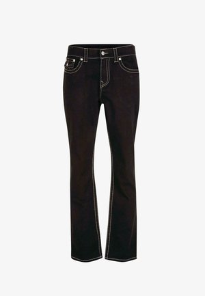 Vaqueros negros con un diseño de pierna recta, costuras blancas contrastantes, bolsillos frontales y un estilo clásico de cinco bolsillos. La tela parece duradera.