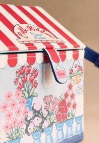 Geantă mică cu partea superioară în dungi roșii și albe, mâner albastru și flori ilustrate în ghivece albastre pe un fundal albastru deschis.