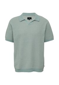 Polo shirt vert clair à manches courtes en tissu tricoté texturé avec un col en V, un col et un ourlet contrastants, présentant une petite étiquette de logo sur le côté.