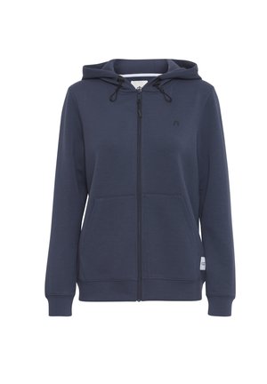 Granatowy rozpinany hoodie wykonany z miękkiego materiału. Posiada kaptur ze sznurkiem, dwie przednie kieszenie, ściągacze przy mankietach oraz małe logo na klatce piersiowej.