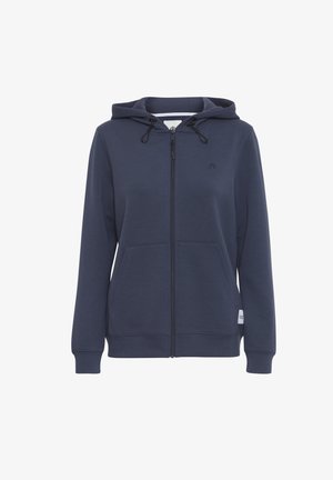 Sweat-shirt zippé marine en tissu doux. Comprend une capuche avec cordon de serrage, deux poches avant, des poignets côtelés et un petit logo sur la poitrine.