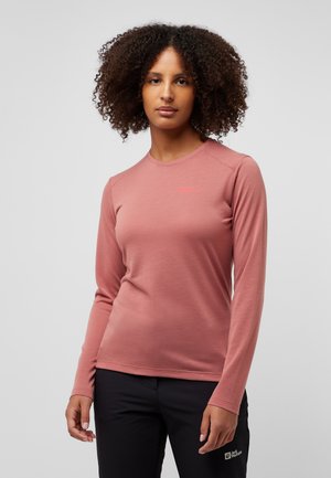 Long-sleeve, light pink shirt made of soft fabric. Features a round neckline and subtle logo detail on the chest. Fitted design.