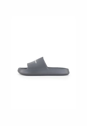 Graue Slipper-Sandale aus glattem Kunststoff. Verfügt über eine offene Zehenpartie und ein konturiertes Fußbett. Minimalistisches Design mit einem Logo auf der Oberseite.