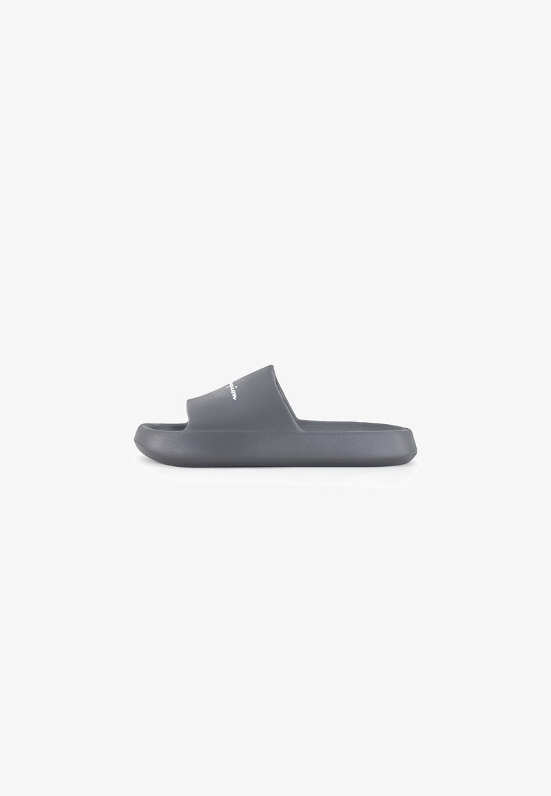 Gray slip-on sandal made of smooth plastic. Features an open toe and contoured footbed. Minimalistic design with a logo on the upper side.