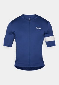 Maillot de cyclisme bleu marine à manches courtes, avec une fermeture éclair devant et un accent de rayure blanche sur la manche ; fabriqué en un matériau lisse et extensible.