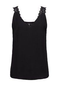 Blouse noire sans manches avec col en V et bordure en dentelle sur les bretelles, fabriquée en tissu lisse.
