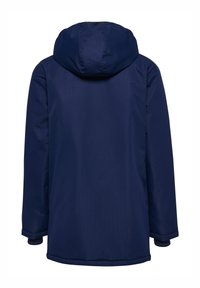 Marineblauwe waterdichte parka-jack met een capuchon, lange mouwen en een gladde, gestructureerde oppervlakte met een rechte snit en geen zichtbare sluitingen.