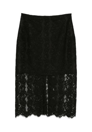 Gonna nera a matita al ginocchio con sovrapposizione in pizzo floreale e pannello trasparente in pizzo sull'orlo.