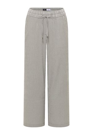 Lichtgrijze en witte gestreepte broek met wijde pijpen, elastische taille met trekkoord, voorzakken en enkelhoge lengte.