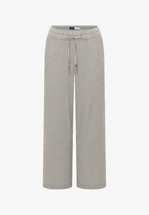 Pantalon large rayé gris clair et blanc avec taille élastique et cordon de serrage, poches avant et coupe à la cheville.