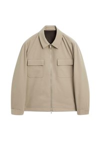 Beige zipjack met een kraag, lange mouwen en twee voorke pockets. Glad textuur en een gestroomlijnd ontwerp.