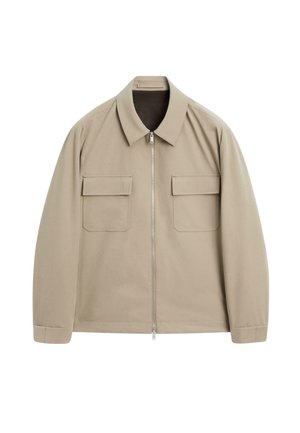 Giacca beige con zip, colletto, maniche lunghe e due tasche frontali. Tessuto liscio e design snello.