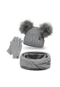 Gray knitted beanie with two fur pom-poms, matching gloves with ribbed cuffs, and a textured gray infinity scarf. All items display a cohesive design.