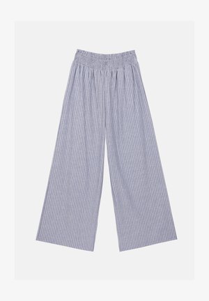 Wide-leg pants with an elastic waistband. Made of light fabric in a blue and white vertical stripe pattern. Smooth texture, no pockets.
