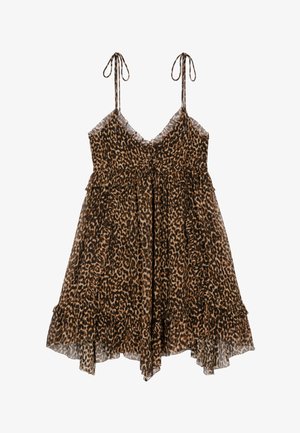 Leopard print dress featuring a flowing silhouette, spaghetti straps, ruffled hem, and soft, sheer fabric with a layered design.