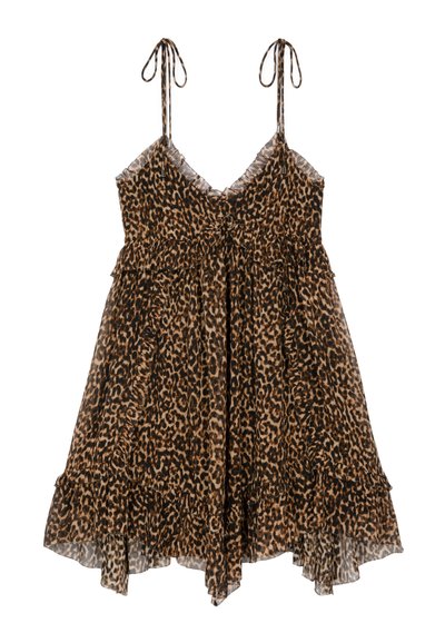Leopardprint jurk met een vloeiende silhouet, spaghettibandjes, gerimpelde zoom en zachte, transparante stof met een gelaagd ontwerp.