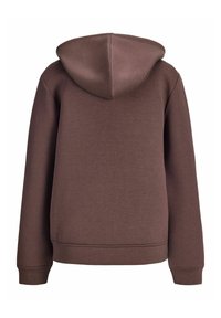 Felpa marrone con una texture liscia, grande cappuccio e polsini e orlo a costine. La schiena presenta un design semplice e privo di decorazioni.