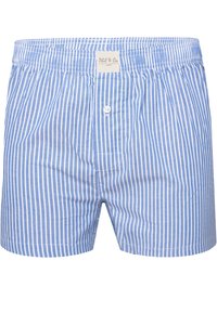 Boxers en coton rayés bleu et blanc avec une ceinture élastique, une fermeture à boutons à l'avant et une petite étiquette de marque à la taille.