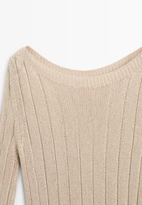 Beige ribbed knit sweater with wide round neckline and long sleeves, displayed against a plain white background.