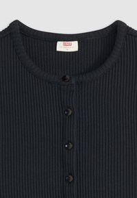Black ribbed cardigan with a round neckline and six black buttons down the front. Label shows "Levi's" and size "S" inside the collar.