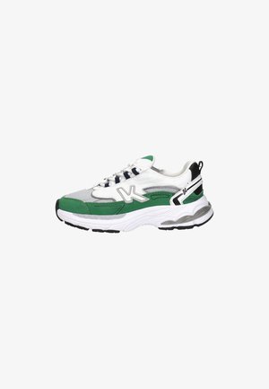 White and green athletic sneaker with black accents, thick sole, mesh and leather upper, and lace-up closure.