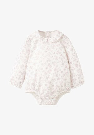 Body bébé à manches longues couleur crème avec motif floral rose clair, col arrondi et pressions au bas pour un habillage facile.