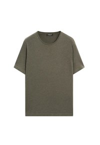 Olive green short-sleeved T-shirt with a round neckline, made from soft cotton, featuring a relaxed fit and a smooth texture.