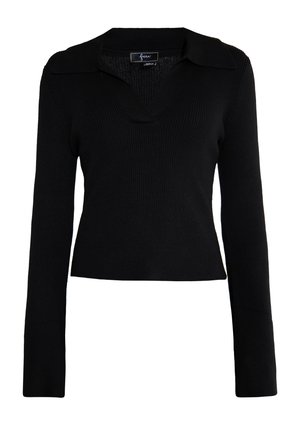 Suéter negro acanalado con escote en V y cuello, de mangas largas y diseño ajustado. Made of suave textura; detalles mínimos.