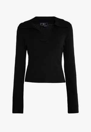 Must mustriba kampsun V-kaelusega ja kraega, pika varrukaga ja istuva lõikega. Valmistatud pehmest materjalist; minimaalne detailide hulk.