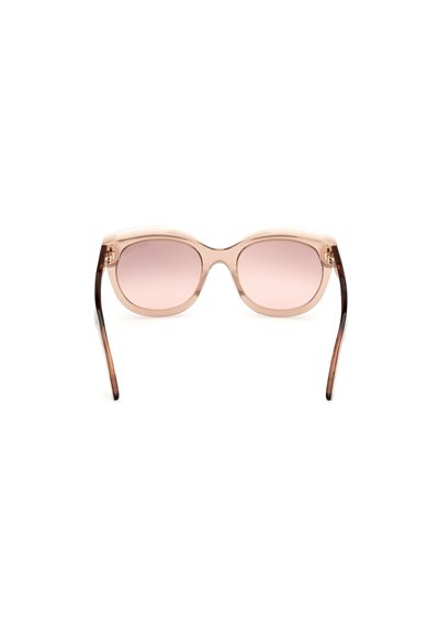 Occhiali da sole trasparenti rosa chiaro con lenti sfumate, forma arrotondata e steli eleganti, con una tinta marrone scura alle estremità.