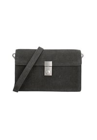 Borsa a tracolla grigia in suede con chiusura a patta e hardware argentato. La tracolla è regolabile e presenta due punti di attacco in metallo.