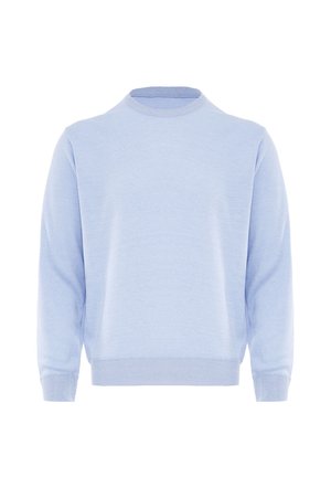 Lyseblå crewneck sweater med lange ærmer, ribstrikkede manchetter og kant, vist på en hvid baggrund.