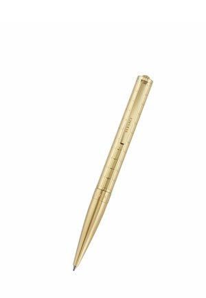 Bolígrafo metálico de color dorado con cuerpo texturizado y clip, grabado con la palabra Versace.