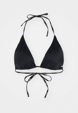 Schwarzer Bikini-Oberteil in dreieckiger Form, mit verstellbaren Bänden am Hals und Rücken, die das Branding an den Trägern aufweisen. Glatte Textur.