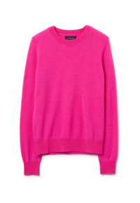 Suéter de manga larga de cuello redondo en un vibrante color rosa, con puños y dobladillo acanalados, colocado sobre un fondo blanco.