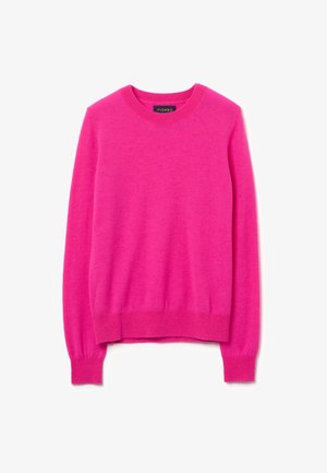 Maglione a maniche lunghe color rosa brillante con scollo rotondo, con polsini e orlo a coste, appoggiato su uno sfondo bianco.