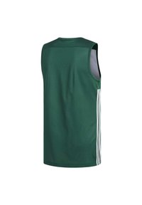 Grünes ärmelloses Sporttrikot aus atmungsaktivem Stoff, mit Rundhalsausschnitt und drei weißen vertikalen Streifen an den Seiten zur Akzentuierung.